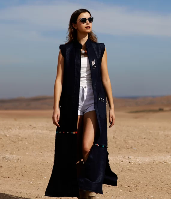 Long Blue Slaveless Linen Coat in Thick Weave