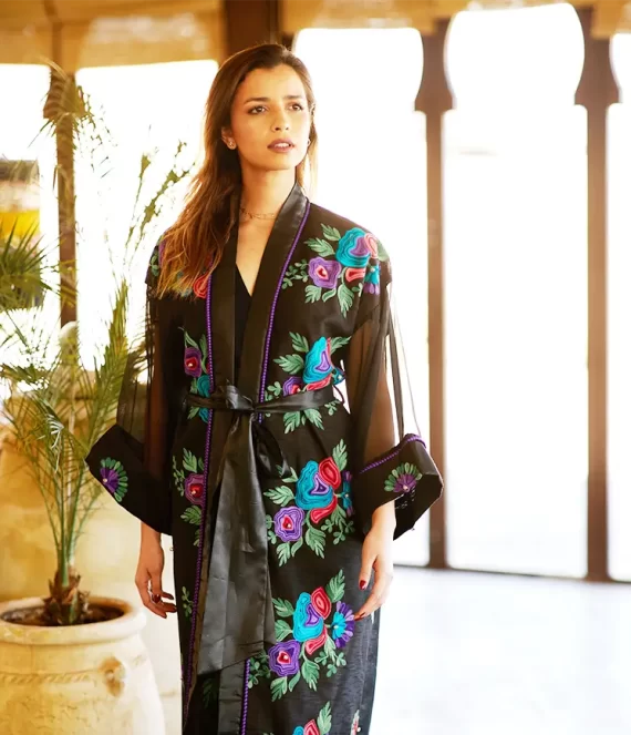 Embroidered Silk Shantung Kimono with Organza Sleeves
