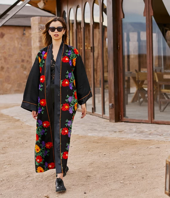 Embroidered Silk Shantung Kimono