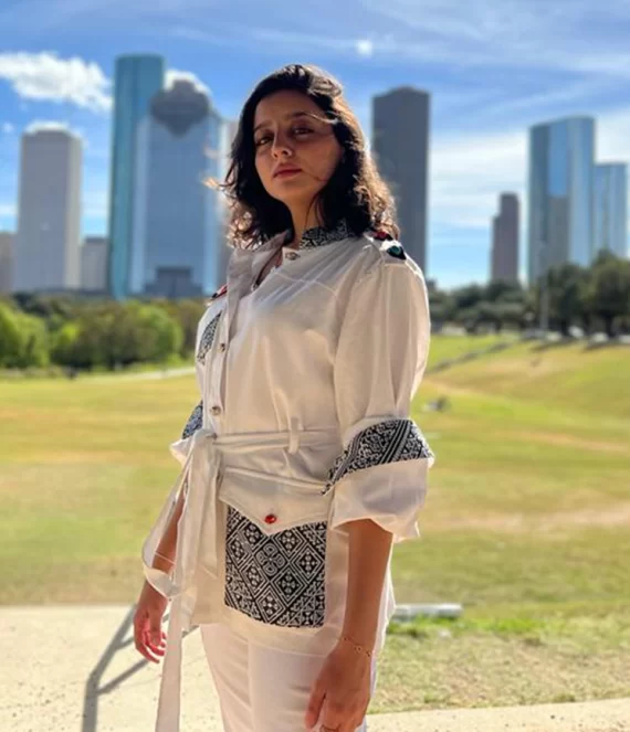Linen Jacket with Artisanal Fabric Cuffs and Poc