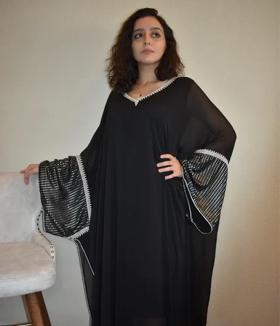 Silk Chiffon Gandoura with Silver Fabric Cuffs