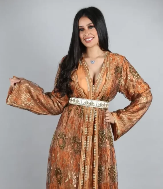 Two-Piece Caftan in Calais Lace with Silk Underlay