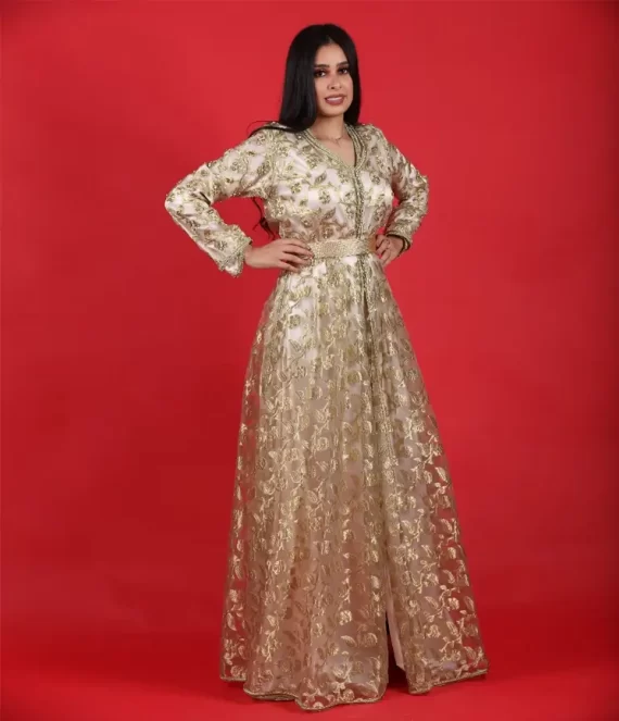 Two-Piece Organza Caftan Embroidered with Gold Thread & Silk Underlay