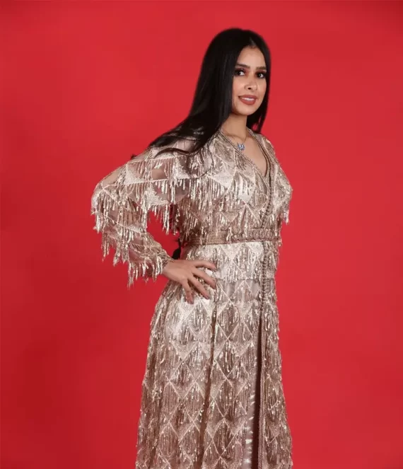 Two-Piece Sequined Tulle Caftan with Silk Lamé Underlay