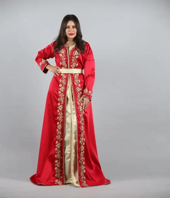 Two-Piece Duchess Satin Caftan Embroidered with Silk Brocade Underlay