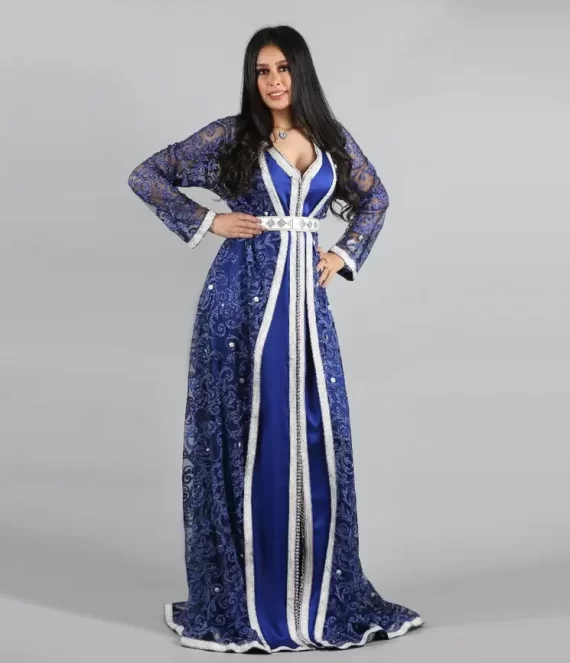 Two-Piece Embroidered Tulle Caftan with Silk Underlay