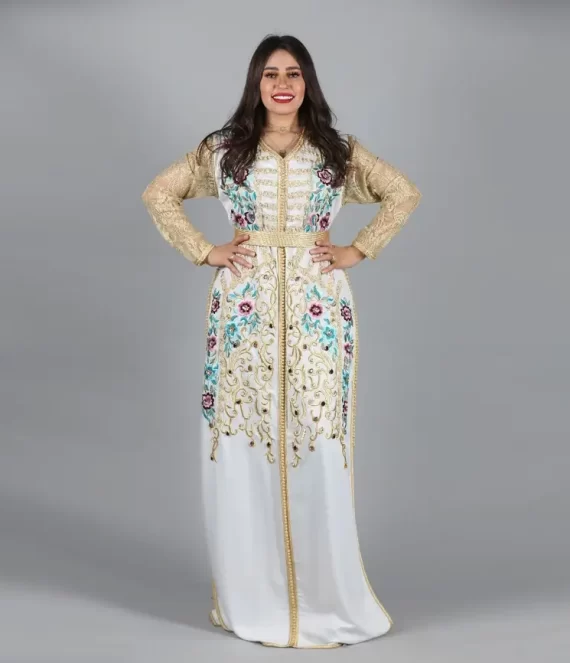 Duchess Satin Caftan Embroidered with Calais Lace Sleeves