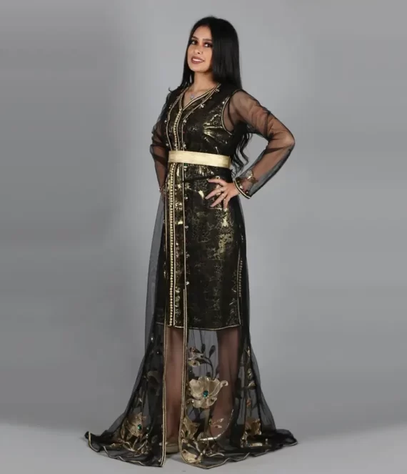 Two-Piece Embroidered Tulle Caftan with Silk Brocade Dress Underlay