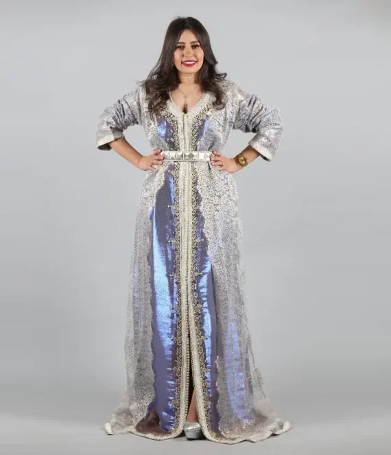 Two-Piece Caftan in Calais Lace with Silk Lamé Underlay