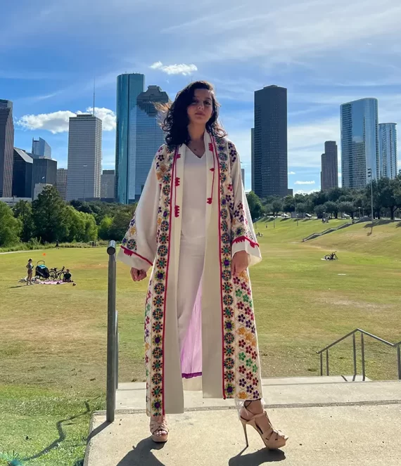 Embroidered Viscose Crepe Kimono with Sheer Chiffon Lining