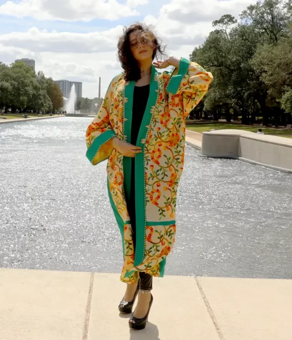 Embroidered Shantung Kimono with Crepe Borders
