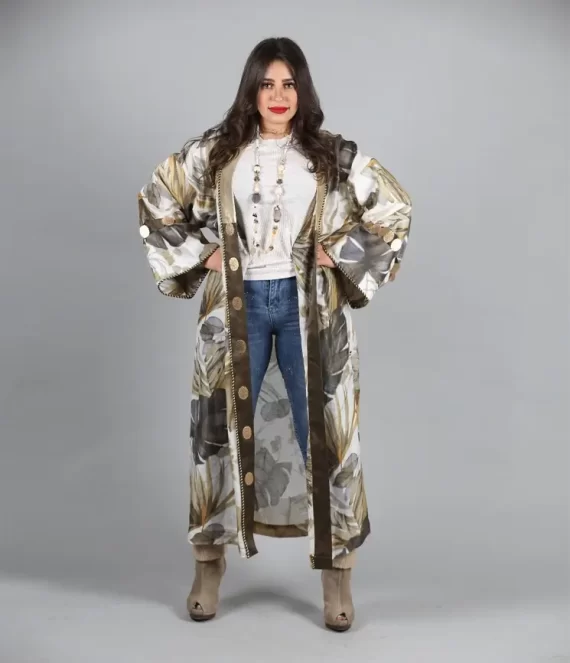 Linen Kimono with Satin Borders and Metallic Accents
