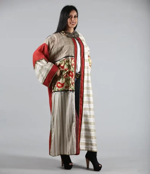Embroidered Silk Shantung and Linen Patchwork Kimono